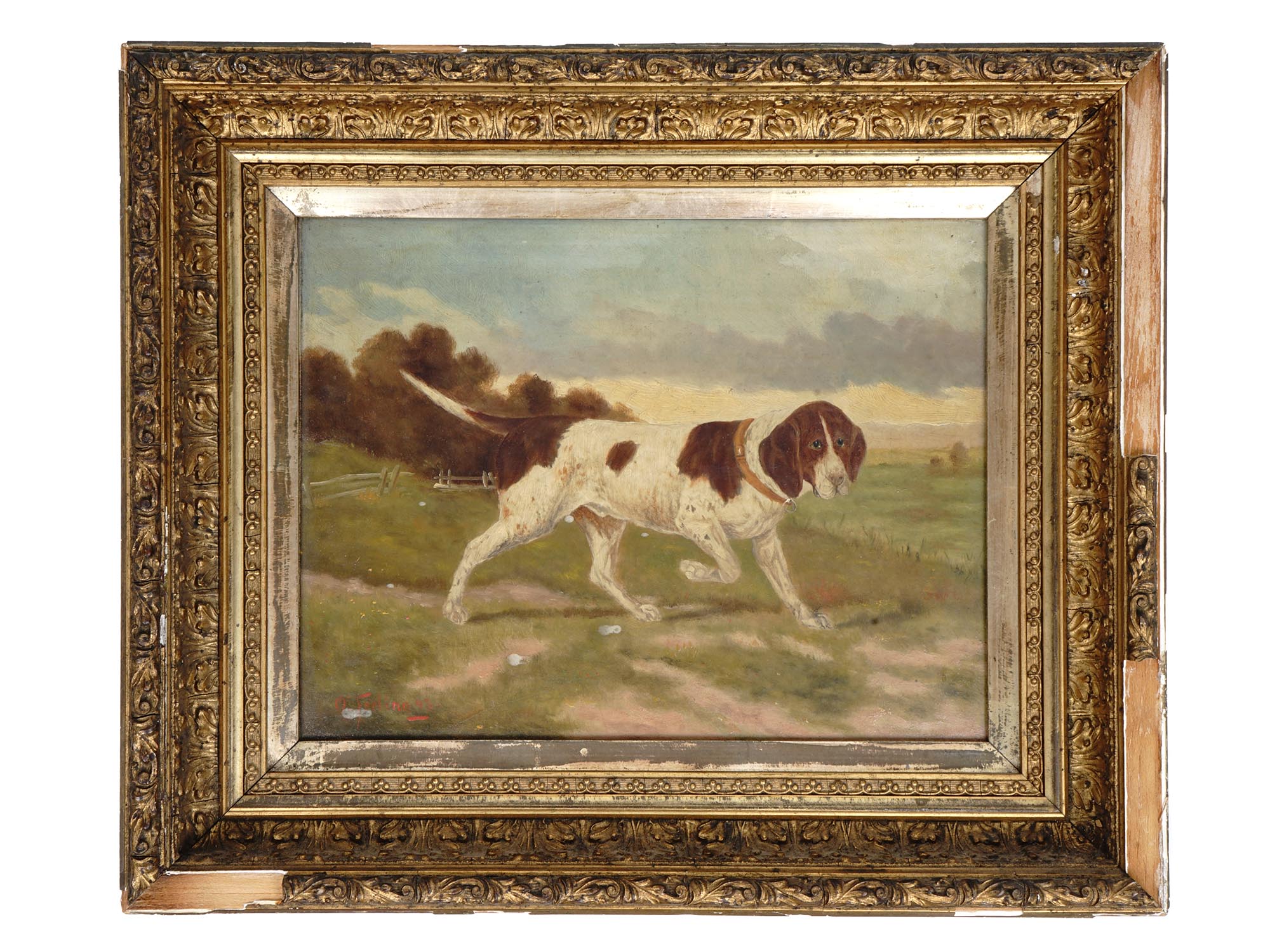 ANTIQUE OIL PAINTING HUNTING DOG SIGNED O FERTING PIC-0